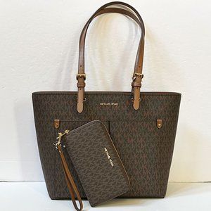 Michael Kors Jet Set Travel Medium Double Pocket Tote Bag + Wallet MK Brown
